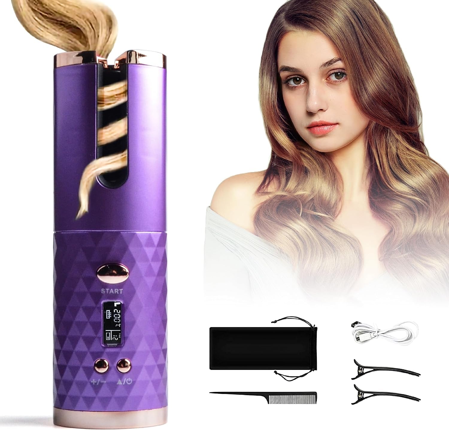 Automatic Curling Iron, Hair Curling Iron for Hair Styling, Cordless Auto Hair Curler, with 6 Temps and Timers, Auto Shut-Off, Fast Heating, Rechargeable Cordless Hair Curler 1 (Purple)