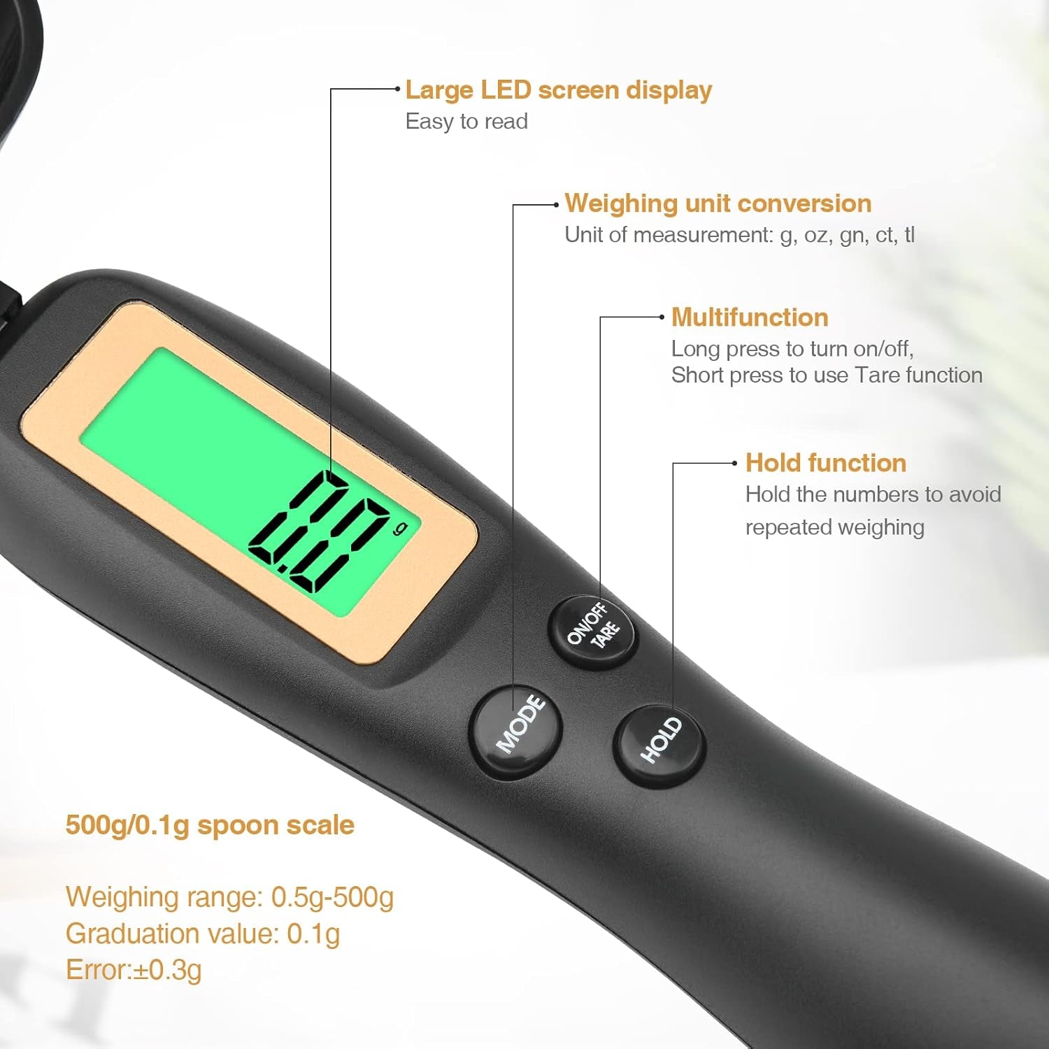 Digital Measuring Spoon, Weighing Spoon Scale 500G / 0.1G High Precision with LCD Screen Display for Kitchen Gadgets Daily Meals and Pet/Dog/Cat Food Measuring Scoop