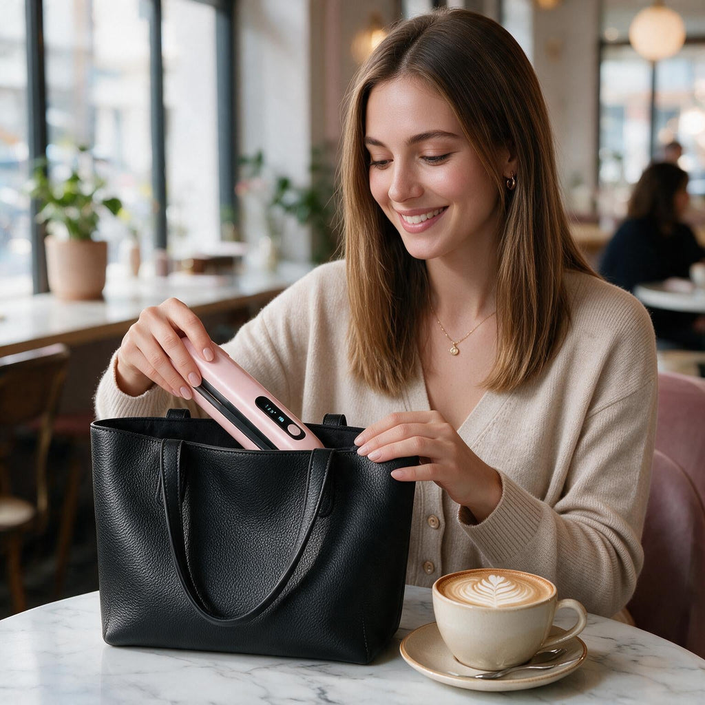 Woman slipping the cordless Zenorat straightener into her bag at a cafe